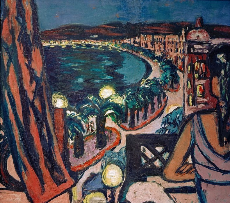 Max Beckmann, Promenade des Anglais (Nice vom Hotel bei Nacht) (Landschaft, Küste, Stadt, mondän, Nizza, Südfrankreich, Cote d'Azur,Abendstimmung, Expressionismus, Klassische Moderne, Malerei, Wohnzimmer, Treppenhaus, Wunschgröße, bunt)