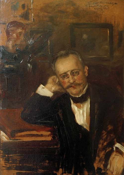 Lovis Corinth, Hans Rosenhagen (Brille,Deutsche Kunst,Kunstkritiker,Kunst,Mann,Optik,Impressionismus,Bart,Schnurrbart,Kunstkritik,Portrait,Sitzen,Jahrhundertwende,Kopf Stützen,Halbfigur,Person,Zwicker,Signatur)