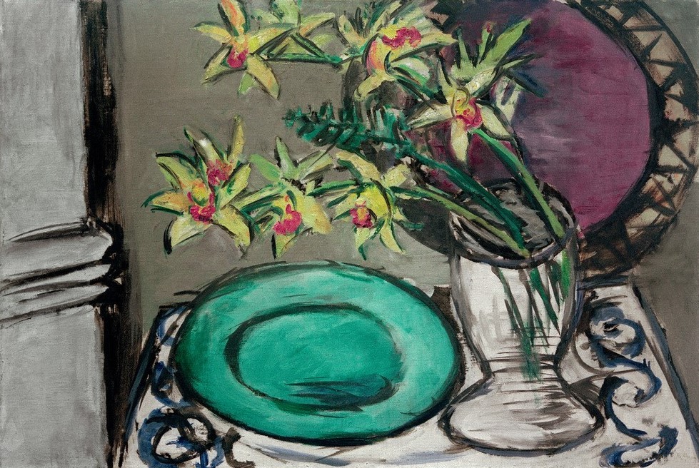 Max Beckmann, Orchideen - Stillleben mit grüner Schale (Stillleben, Expressionismus, Klassische Moderne, Malerei, Wohnzimmer, Esszimmer, Treppenhaus, Wunschgröße, bunt)