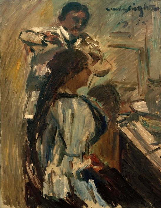 Lovis Corinth, Der Friseur (Deutsche Kunst,Frau,Friseur,Haarpflege,Handwerk Und Gewerbe,Kunst,Mensch,Toilette (Körperpflege),Impressionismus,Waschgeschirr,Portrait,Künstlerfrau,Toilettentisch,Frisieren,Handwerk,Signatur)