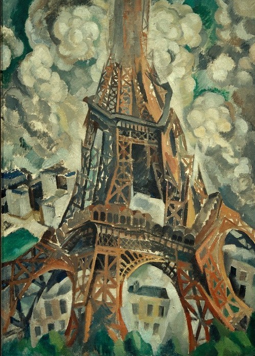 Robert Delaunay, Eiffelturm (Architektur,Geographie,Kunst,Stadt,Turm,Wolke,Eisenkonstruktion,Kubismus,Stadtansicht,Architekturdarstellung,Französische Kunst,Ansicht,Wahrzeichen,Orphismus,Topographie)