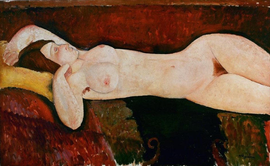 Amedeo Modigliani, Liegender Akt – Le Grand Nu (Frau,Schönheit,Akt,Expressionismus,Italienische Kunst,Körperbehaarung,Schamhaar,Liegen)
