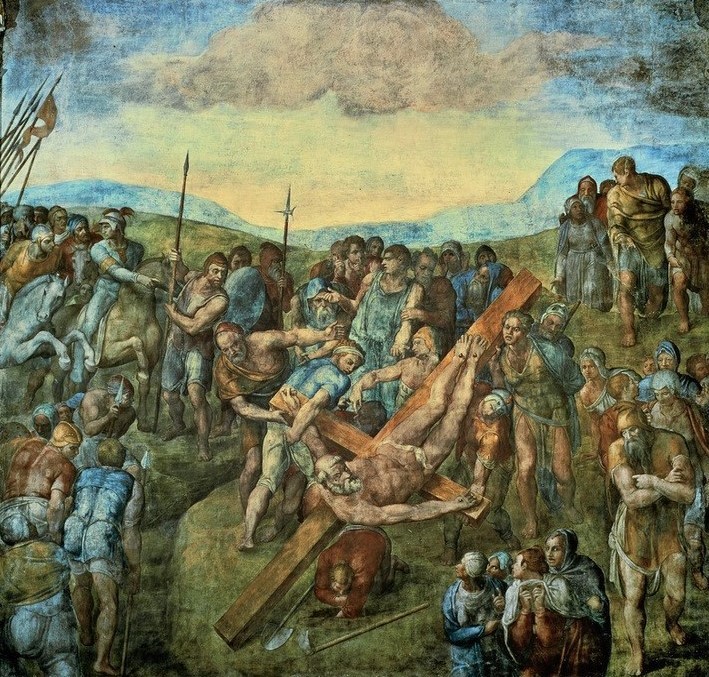 MICHELANGELO BUONARROTI, Kreuzigung Petri (Hinrichtung, Kreuzigung, Religion, Apostelgeschichte,  Menschenmenge, Landschaft, Klassiker, Renaissance, Wunschgröße, Malerei)