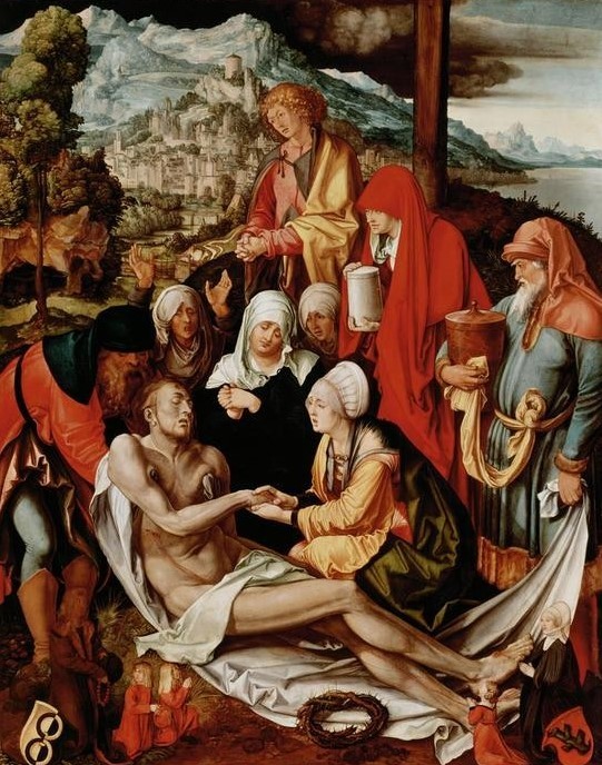 Albrecht Dürer, Beweinung Christi für Albrecht Glim (Christentum,Deutsche Kunst,Heilige,Religion,Renaissance,Maria Mit Kind,Neues Testament,Bibel,Apostel,Jungfrau,Totenklage,Stifterbildnis,Kreuzabnahme,Christi Beweinung,Stadtansicht,Pieta,Passion Christi,Stifter)