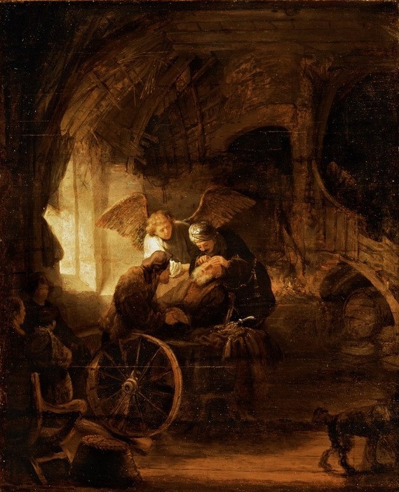 Rembrandt Harmenszoon van Rijn, Der junge Tobias heilt seinen blinden Vater (Augenheilkunde,Engel,Krankheit,Kunst,Medizin,Szene,Vater Und Sohn,Barock,Altes Testament,Therapie,Bibel,Blindheit,Interieur,Niederländische Kunst,Holländische Kunst,Tobias Heilt Seinen Vater)