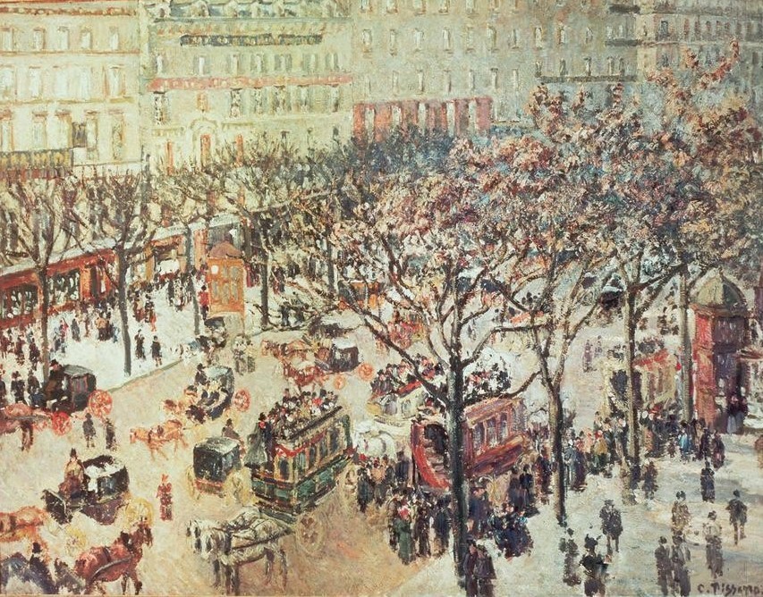 Camille Pissarro, Boulevard des Italiens im Morgenlicht (Allee,Autobus,Kutsche,Kunst,Pferdeomnibus,Pferd (Tier),Pferdewagen,Strasse (Allgemein),Strassenszene,Verkehr,Tageszeiten,Morgen,Impressionismus,Grossstadt,Baum,Stadtansicht,Französische Kunst,Fussgänger,Boulevard,Tier,Stadtleben)