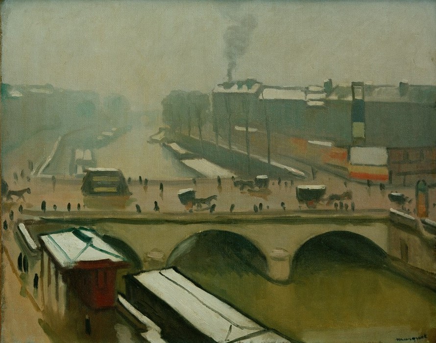 Albert Marquet, Blick auf den Pont St. Michel in Paris (Architektur,Brücke,Geographie,Kunst,Stadt,Verkehr,Impressionismus,Grossstadt,Fluss,Fauves,Vedute,Stadtansicht,Architekturdarstellung,Französische Kunst,Ansicht,Uferstrasse,Topographie,Signatur)