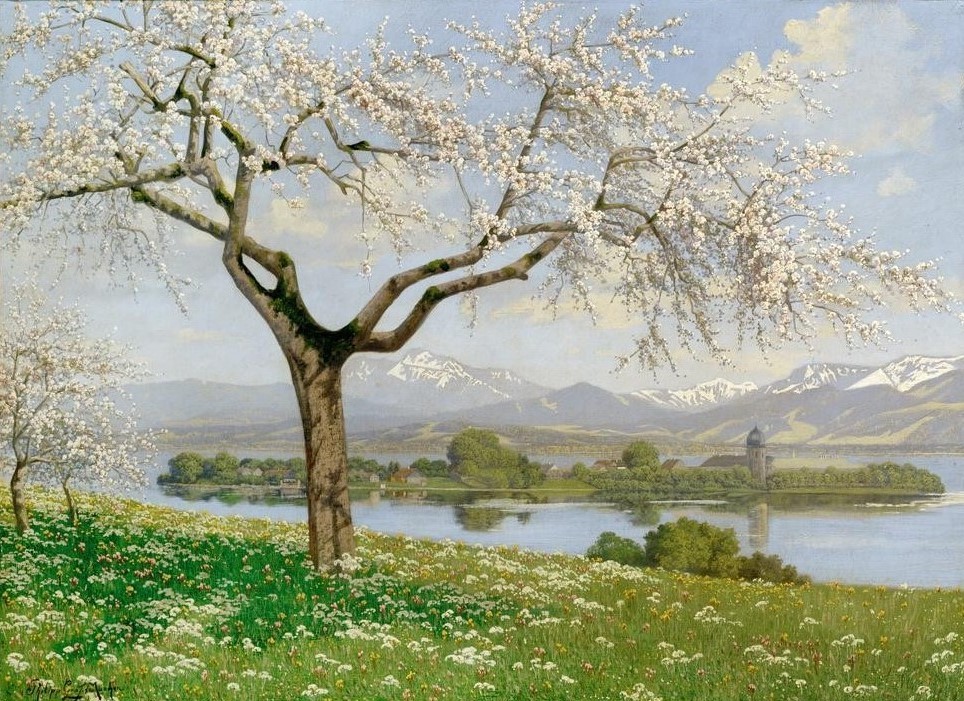 Philipp Graf, Bayerische Frühlingslandschaft (Insel,Baumblüte,Gebirge,Gewässer,Jahreszeiten,Kunst,Landschaft,Obstbau,See,Frühling,Baum,Wiese,Feldblume,Naturalismus,Privatsammlung)