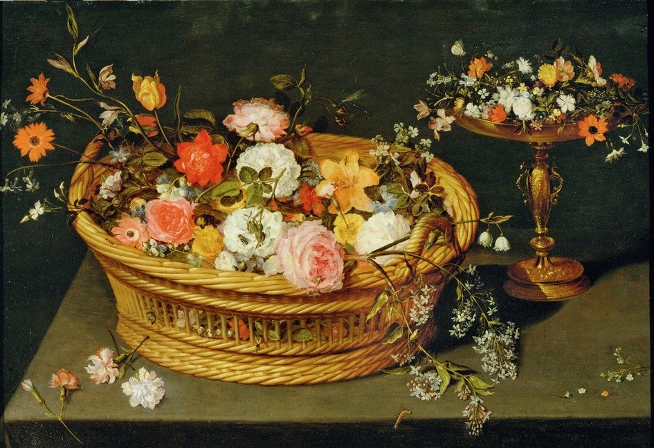 Jan BRUEGHEL DER Jüngere, Stilleben mit Blumenkorb und vergoldeter Silberschale (Flämische Kunst,Kunst,Lilie,Rose,Tulpe,Barock,Stillleben,Nelke,Niederländische Kunst,Korb,Gefäss,Blumenkorb,Blume,Weidenkorb,Privatsammlung,Tazza)