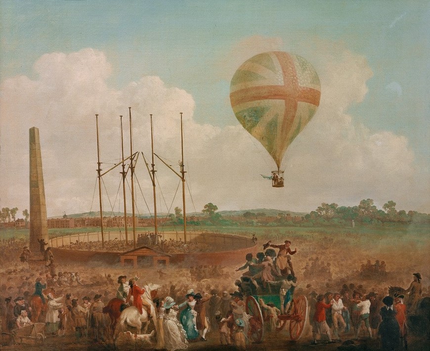 Unbekannt, George Biggins Aufstieg in Lunardis Ballon  (Ballonfahr, Heißluftballon, Abenteuer, Schaulustige, Erfindungen, Technik, Künstler Julius Caesar Ibbetson, Wunschgröße, Wohnzimmer)