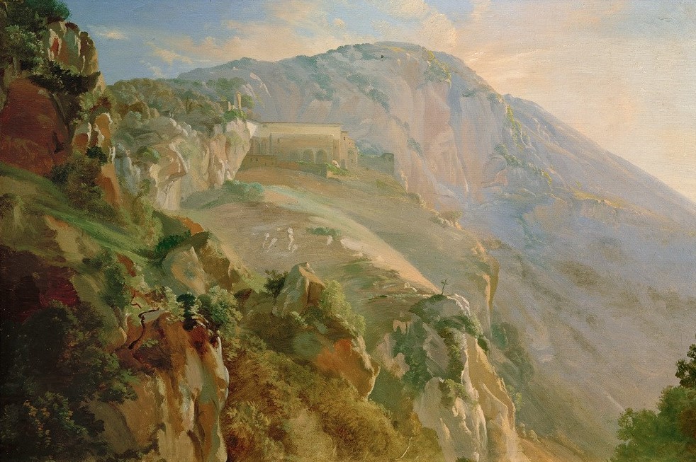 Friedrich Nerly, Kloster im Gebirge bei Subiaco  (Landschaft, Landschaftsmalerei, Gebirge, Berge, Felsen, Kloster, Italien, Wunschgröße, Klassiker, Wohnzimmer,)