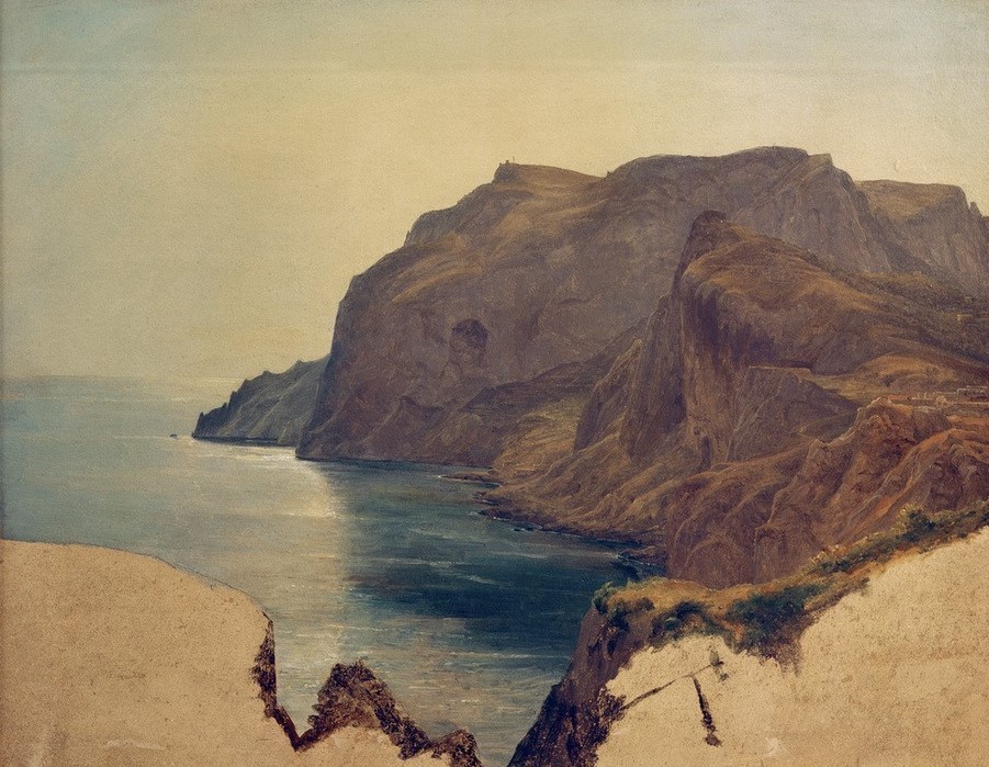 Carl Morgenstern, Studie zu Capri bei Sonnenaufgang  (Landschaft, Landschaftsmalerei, Meer, Insel, Capri, Italien, Felsen, Romantik, Klassiker, Wohnzimmer, Wunschgröße)