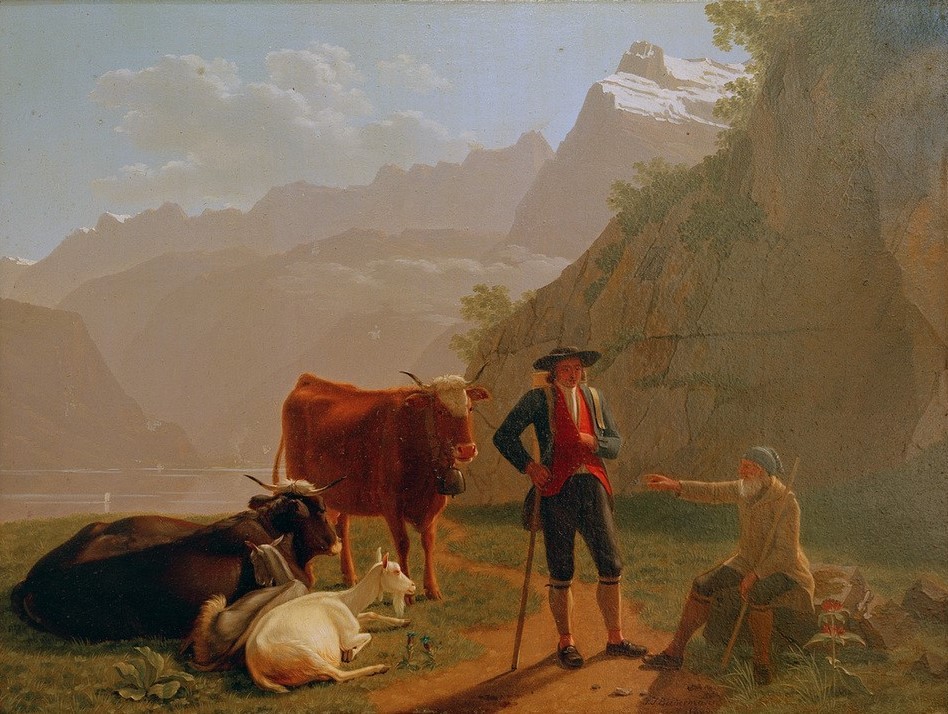 Johann Jakob Dorner, Vierwaldstätter See mit Hirten (Landschaft, Berge, Viehhirten, Weiden Kühe, Ziege, Männer, Pause, Rast, Idylle, Schweiz, Klassiker, Wunschgröße, Wohnzimmer)