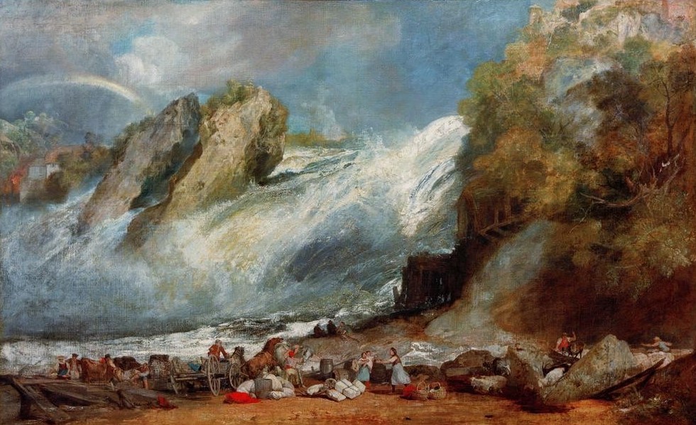 JOSEPH MALLORD WILLIAM TURNER, Fall of the Rhine at Schaffhausen (Geographie,Kunst,Landschaft,Mensch,Pferdefuhrwerk,Wasserfall,Regenbogen,Englische Kunst,Romantik,Topographie)