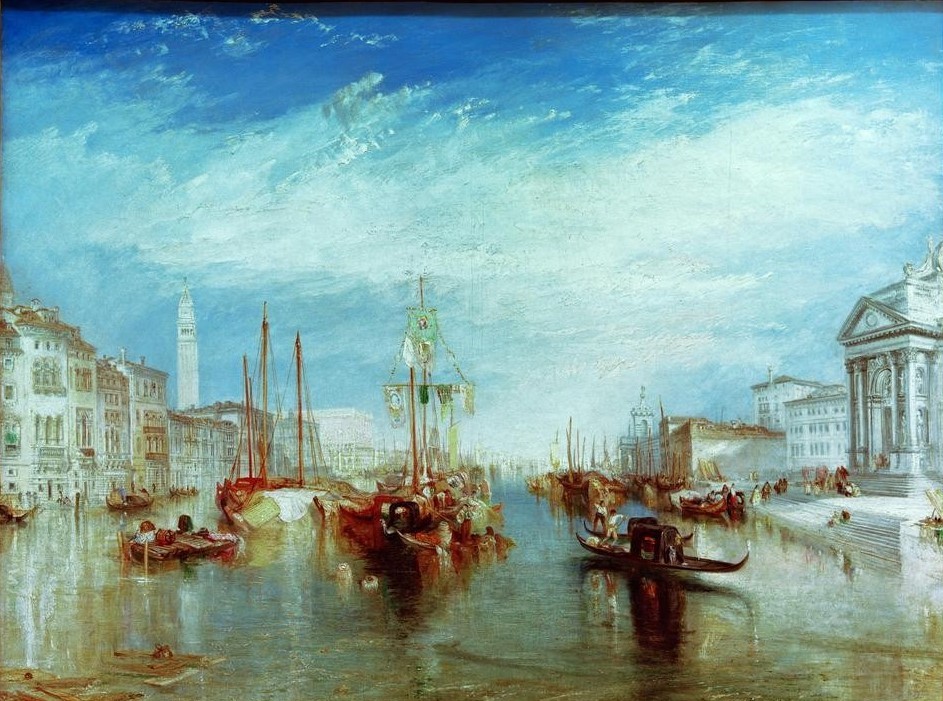 JOSEPH MALLORD WILLIAM TURNER, Venice, from the Porch of Madonna della Salute (Geographie,Kanal,Kunst,Schiff,Gondel,Vedute,Stadtansicht,Englische Kunst,Romantik,Topographie,Fahne)