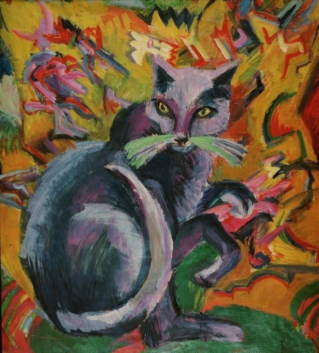 Ernst Ludwig Kirchner, Grauer Kater auf Kissen (Deutsche Kunst,Katze (Tier),Kunst,Zoologie,Expressionismus,Kissen,Die Brücke,Haustier,Kater (Tier),Tier)