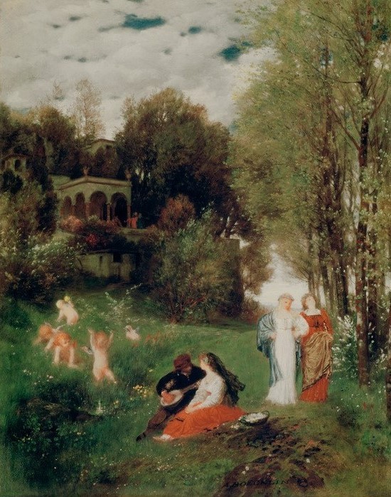 Arnold Böcklin, Ideale Frühlingslandschaft (Frühling, Jahreszeiten, Landschaft, Menschen, Idylle, Laute, Musikinstrument, Liebespaar,  Liebesgarten,   Symbolismus, Wunschgröße, Klassiker, Wohnzimmer, bunt)