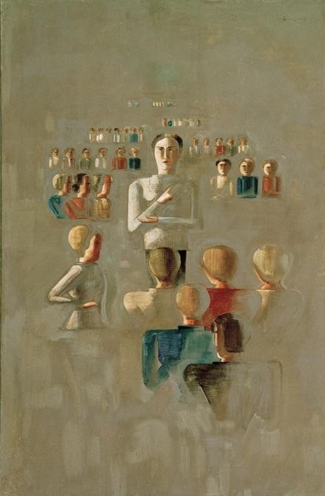 Oskar Schlemmer, Folkwang-Zyklus: Unterricht I (Bauhaus,Deutsche Kunst,Gruppenbild,Kunst,Pädagogik,Universität,Vorlesung,Student,Unterricht,Professor,Entwurf)