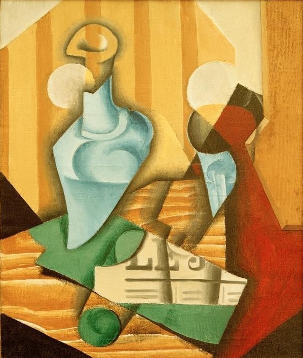 Juan Gris, Stillleben mit Flasche und Glas (Kunst,Kubismus,Stillleben,Zeitung,Flasche,Trinkglas)