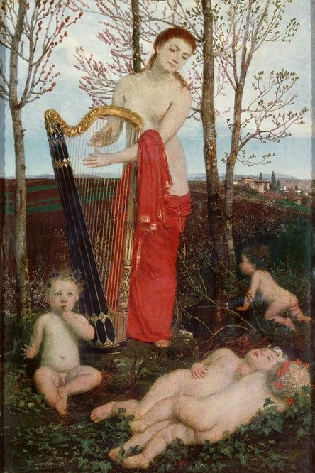 Arnold Böcklin, Flora, die Blumen weckend (Harfe, Putten, Instrument, Mythologie, Göttin der Blüten und Pflanzen, Frühling, Symbolismus, Wunschgröße, Klassiker, Wohnzimmer, bunt)