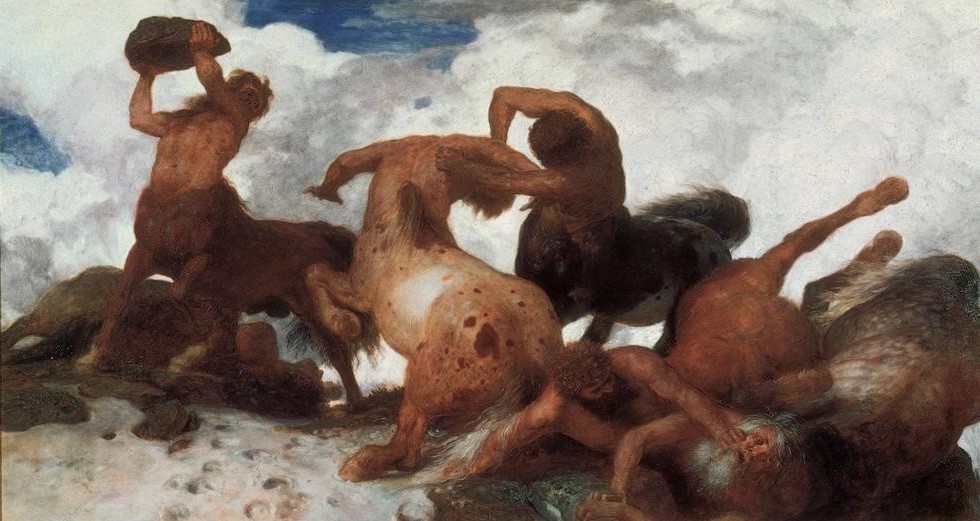 Arnold Böcklin, Kampf der Kentauren (Mythologie, Fabelwesen, Kentaur, Pferdemenschen, Streit, Kampf, Gewalt, Symbolismus, Wunschgröße, Klassiker, Wohnzimmer, bunt)