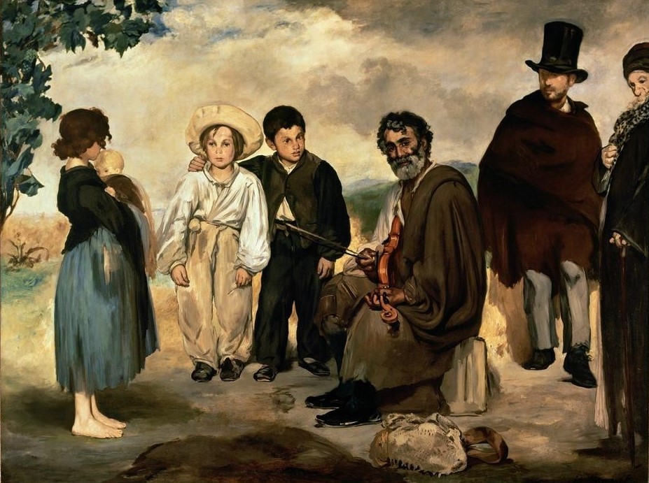 Edouard Manet, Le vieux musicien (Dorfkind,Fahrendes Volk,Geiger,Gesellschaft,Gruppenbild,Kind,Kunst,Musiker,Musik,Volkskunde,Impressionismus,Geige,Strassenmusikant,Französische Kunst,Strassenmusik,Landbevölkerung)