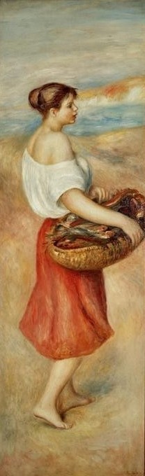 Pierre-Auguste Renoir, Mädchen mit Fischkorb (Fischerei,Frau,Kunst,Mädchen,Transport,Impressionismus,Nahrungsmittel,Fisch,Portrait,Französische Kunst,Korb,Barfuss,Junge Frau,Ganzfigurig,Fischerin,Schifffahrt)