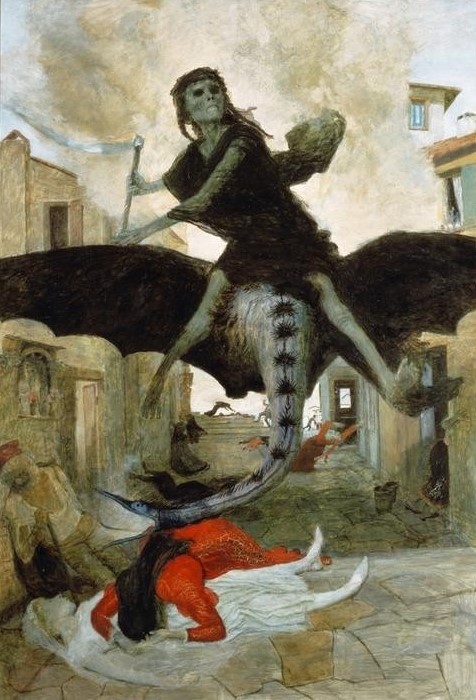 Arnold Böcklin, Die Pest (Plage, Seuche, Krankheit, schwarzer Tod, Leid, Personifikation, Drachen, Fabelwesen, mystisch, Symbolismus, Wunschgröße, Klassiker, Wohnzimmer, bunt)