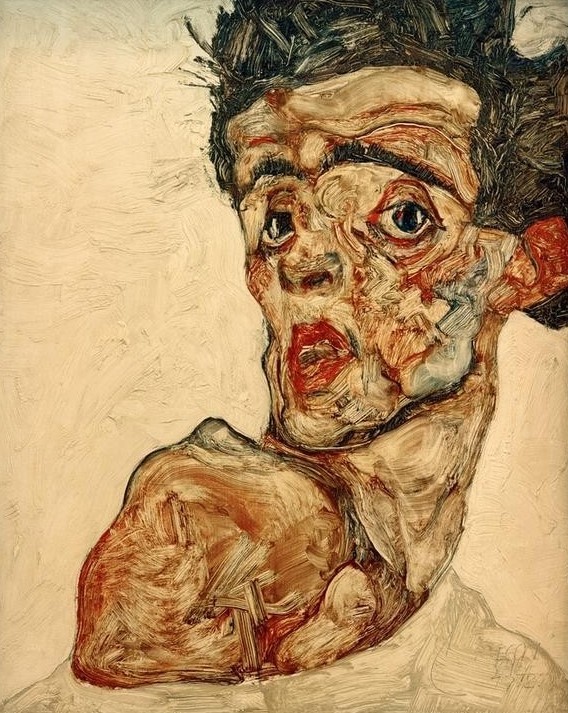 Egon Schiele, Selbstbildnis mit hochgezogener nackter Schulter (Künstler,Maler (Künstler),Mann,Zeichner,Selbstbildnis,Portrait,Expressionismus,Österreichische Kunst,Kopf,Person)