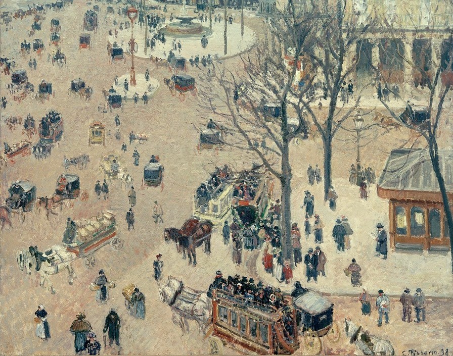 Camille Pissarro, La Place du Théâtre Français (Geographie,Kutsche,Kunst,Pferdeomnibus,Strassenszene,Verkehr,Platz,Impressionismus,Grossstadt,Architekturdarstellung,Französische Kunst,Jahrhundertwende,Topographie,Öffentlicher Nahverkehr,Stadtleben)