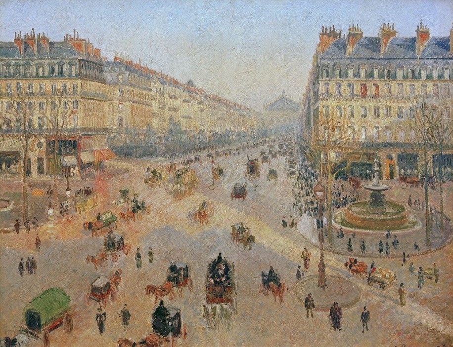 Camille Pissarro, Avenue de l’Opéra, soleil, matinée d'hiver (Architektur,Geographie,Jahreszeiten,Kutsche,Kunst,Pferdefuhrwerk,Pferdewagen,Stadt,Strasse (Allgemein),Strassenszene,Verkehr,Winter,Brunnen,Tageszeiten,Urbanistik,Morgen,Impressionismus,Grossstadt,Stadtansicht,Architekturdarstellung,Schule Von Barbizon,Fr)