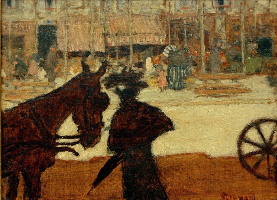 Pierre Bonnard, Le cheval de fiacre (Droschke,Frau,Kunst,Pferd (Tier),Pferdewagen,Strassenszene,Verkehr,Französische Kunst,Fussgänger,Zugtier,Nabis,Jahrhundertwende,Fussgängerin)