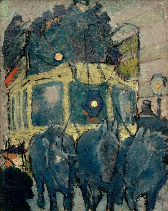 Pierre Bonnard, L'omnibus ""Panthéon-Courcelles"""" (Kunst,Pferdeomnibus,Pferd (Tier),Pferdewagen,Strassenszene,Verkehr,Kutscher,Französische Kunst,Fussgänger,Zugtier,Nabis,Öffentlicher Nahverkehr,Fussgängerin,Pferdegespann)