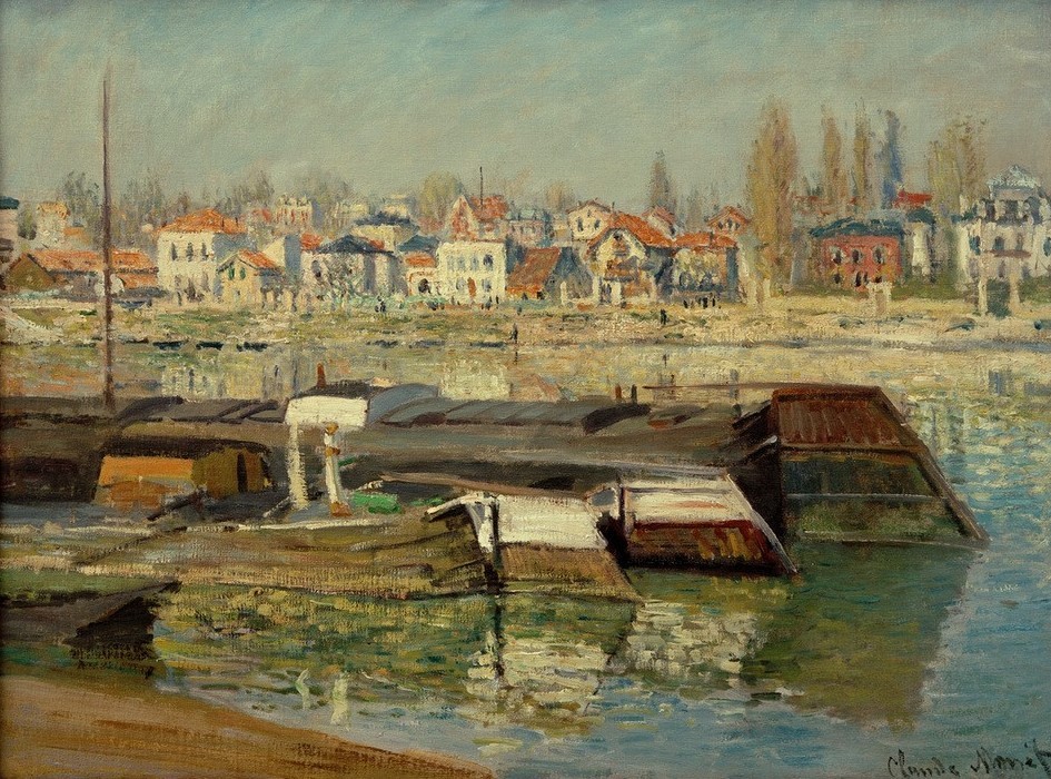 Claude Monet, La Seine à Asnières (Kunst,Landschaft,Schiff,Verkehr,Impressionismus,Fluss,Lastkahn,Stadtansicht,Französische Kunst,Binnenschiffahrt,Flusschiffahrt,Vor Anker,Signatur,Schifffahrt)