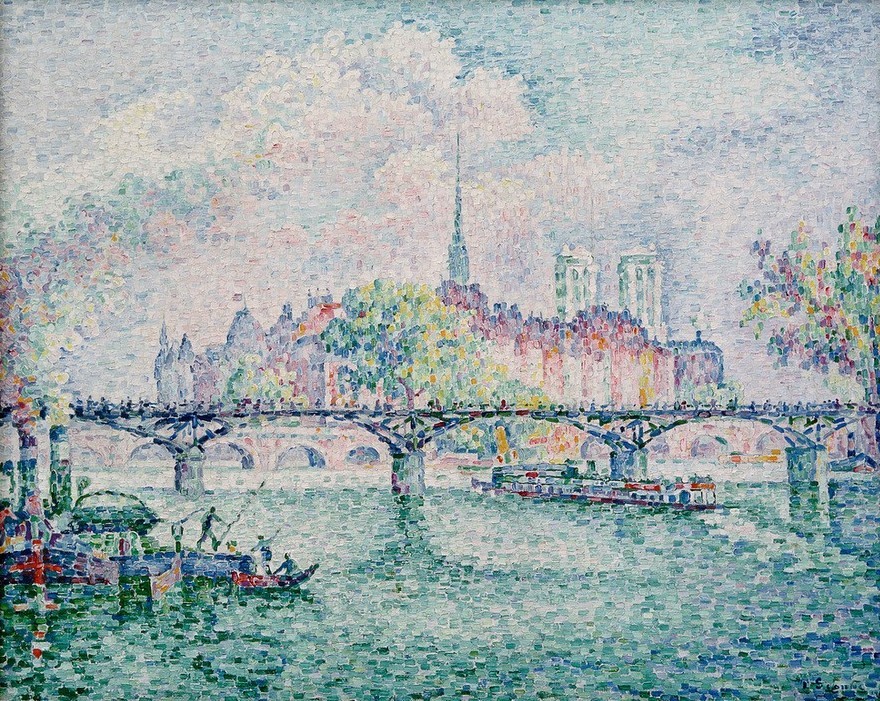 Paul Signac, Le Pont des Arts (Der Pont des Arts) (Architektur,Boot,Brücke,Geographie,Kahn,Kirche,Kunst,Schiff,Stadt,Grossstadt,Fluss,Pointillismus,Lastkahn,Vedute,Stadtansicht,Architekturdarstellung,Französische Kunst,Ansicht,Flusschiffahrt,Topographie,Postimpressionismus,Schifffahrt)