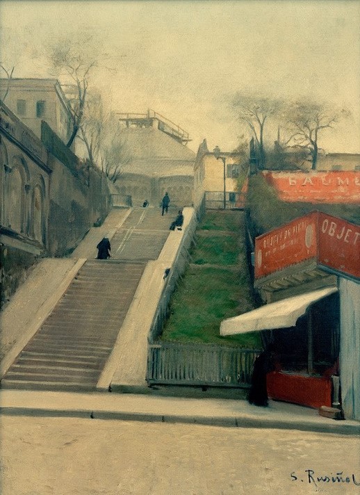 Santiago Rusinol, Le Sacré-Coeur en construction (Architektur,Geographie,Handel,Kirche,Kunst,Stadt,Treppe,Impressionismus,Grossstadt,Baustelle,Spanische Kunst,Architekturdarstellung,Gerüst,Bauarbeiten,Katalanische Kunst,Topographie)