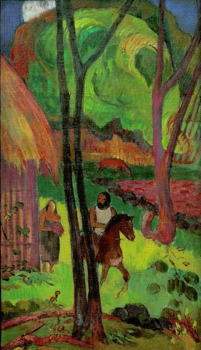 Paul Gauguin, Cavalier devant la case (Kunst,Landschaft,Mensch,Völkerkunde,Hütte,Reiter,Französische Kunst,Exotik,Tropen,Synthetismus)