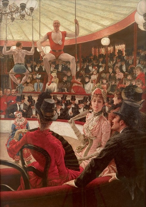 James Tissot (Jacques-Joseph), Les femmes de sport (Artist,Damenmode,Fahrendes Volk,Frau,Gesellschaftliches Leben,Gesellschaft,Kunst,Mode,Freizeit,Zylinder (Hut),Zirkus (Theater),Realismus,Akrobat,Adel,Französische Kunst,Publikum,Trikot,Manege,Trapez,Frauenleben,Zuschauer,Zuschauerin,Akrobatik)