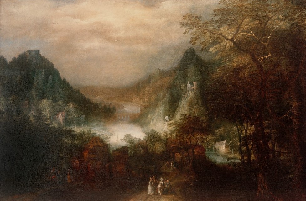 David Vinckeboons, Gebirgsflusslandschaft mit eleganten Figuren (Burg (Bauwerk),Gebirge,Kunst,Landschaft,Wald,Barock,Fluss,Niederländische Kunst)