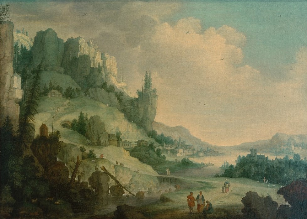 Claes Dirckz van der Heck, Gebirgslandschaft (Gebirge,Himmel (Natur),Kunst,Landschaft,Wolke,Barock,Fluss,Felsen,Niederländische Kunst)