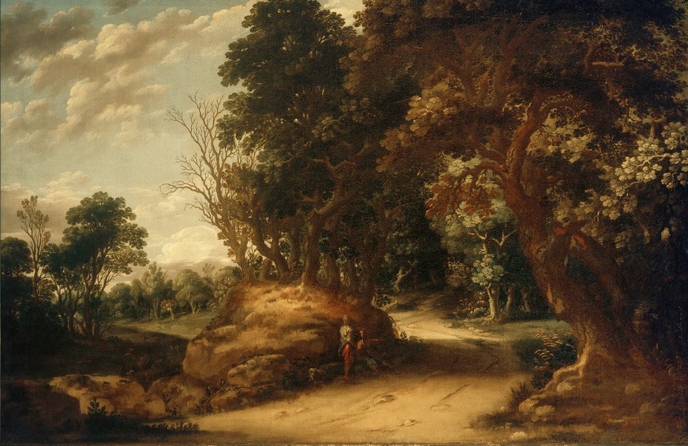 Abraham van Den Rande, Bewaldete Landschaft mit rastenden Wanderern (Kunst,Landstrasse,Landschaft,Rast,Strasse (Allgemein),Wandern,Wald,Barock,Reise,Fussreise,Niederländische Kunst,Wanderer,Laubbaum)