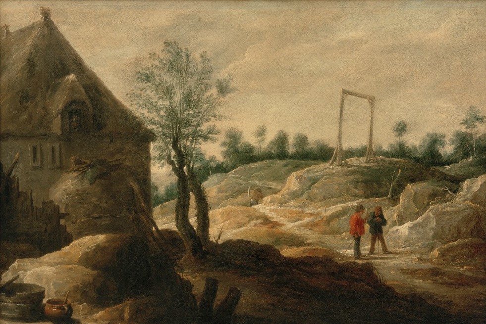 David Teniers der JÜngere, Landschaft mit Bauerhaus (Bauer (Landwirt),Bauernhaus,Kunst,Landschaft,Barock,Architekturdarstellung,Felsen,Niederländische Kunst,Begegnung,Landwirtschaft,Unterhaltung (Gespräch))