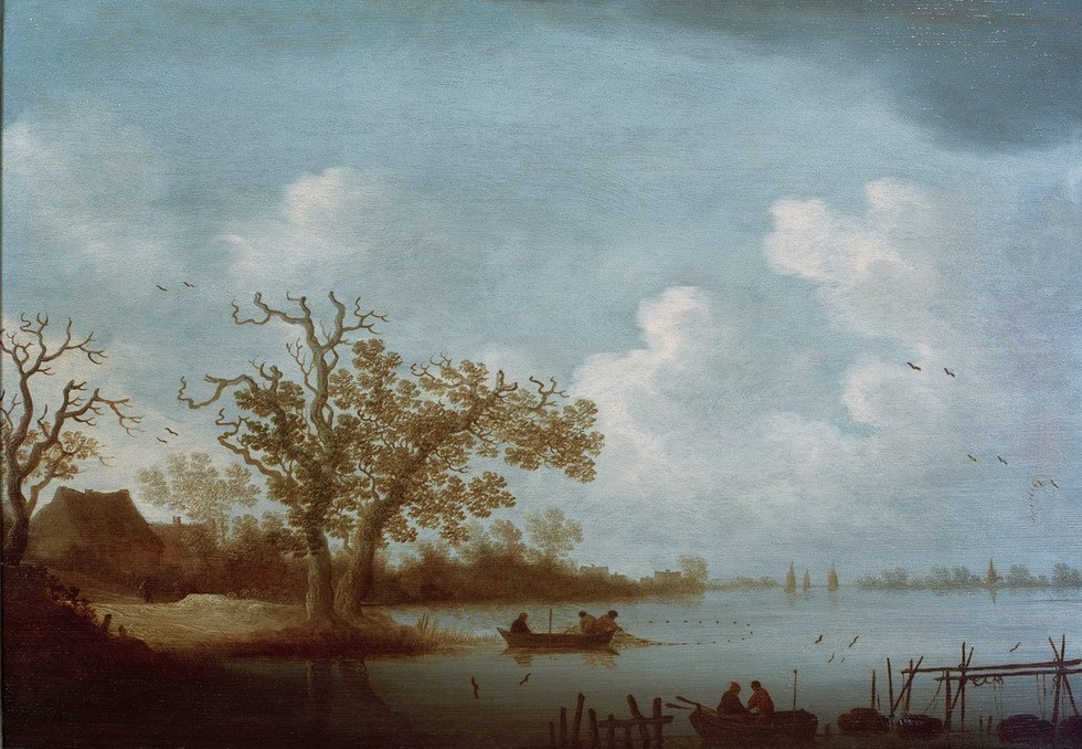 Johannes Pietersz. Schoeff, Holländische Flusslandschaft mit Bauernhäusern und Fischerbooten (Fischer,Fischerei,Himmel (Natur),Kunst,Landschaft,Fischerboot,Barock,Fluss,Ebene,Niederländische Kunst)