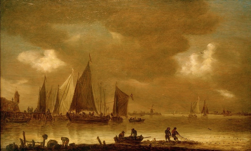 Jan van Goyen, Einbringung des Fischfangs in Abendstimmung (Fischer,Fischerei,Himmel (Natur),Kunst,Landschaft,Schiff,Segelschiff,Fischerboot,Tageszeiten,Abend,Meer,Barock,Niederländische Kunst,Dämmerung,Schifffahrt)