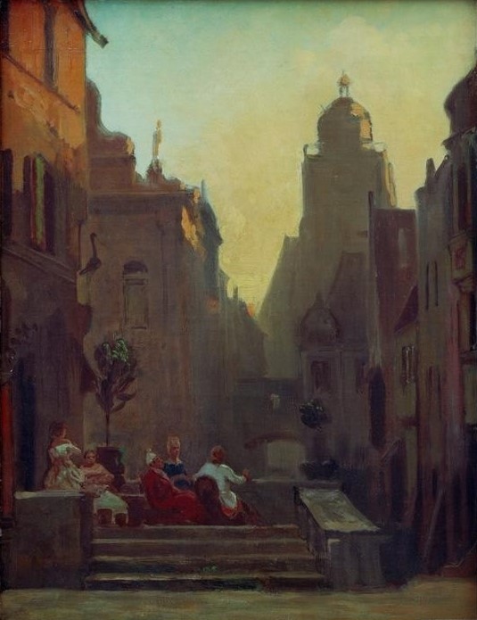 Carl Spitzweg, Plauderstündchen vor der Storchenapotheke (Altstadt,Apotheke,Apotheker,Deutsche Kunst,Kunst,Terrasse,Feierabend,Tageszeiten,Abend,Biedermeier,Kleinstadt,Bürgertum,Architekturdarstellung,Idylle,Heile Welt,Im Freien (Allgemein),Honoratioren,Gute Alte Zeit,Stadtleben,Kleinbuergertum,Unterhaltung (Ges)