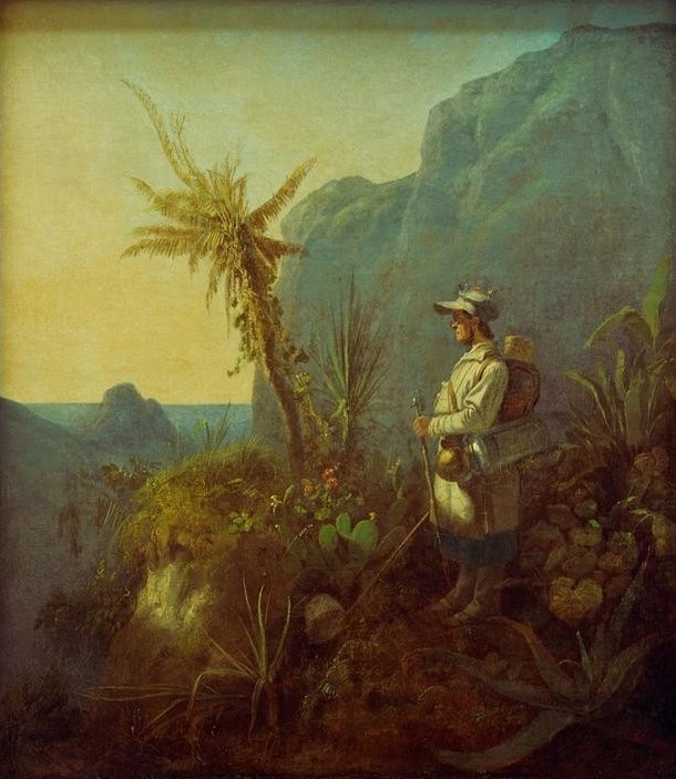 Carl Spitzweg, Der Naturforscher in den Tropen (Biologie,Botanik,Deutsche Kunst,Expedition,Forschungsreisender,Biologe,Naturwissenschaftler,Reisender,Kaktus,Kunst,Landschaft,Naturwissenschaft,Wissenschaft,Biedermeier,Reise,Agave,Genre,Fussreise,Rucksack,Schirmmütze,Fernreise,Verirren,Feldflasche,Wander)