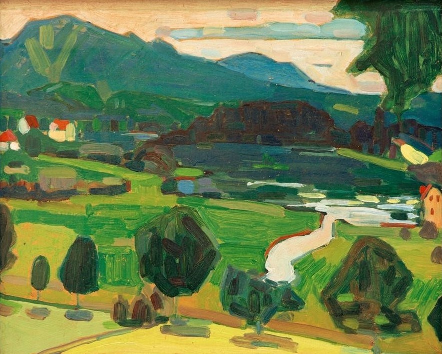 Wassily Kandinsky, Murnau-Blick über den Staffelsee (Gebirge, Berge, Landschaft, See, Expressionismus, Der Blaue Reiter, Russische Kunst, Wohnzimmer,  Treppenhaus, Wunschgröße, Klassische Moderne, bunt)