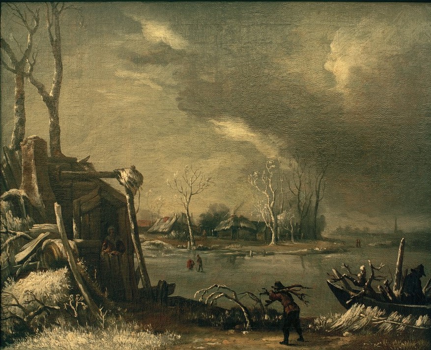 Jan van Kessel, Winterlandschaft mit Reisig-Sammler (Eis (Kälte),Himmel (Natur),Jahreszeiten,Kunst,Landschaft,Winter,Barock,Niederländische Kunst,Reisigsammler,Brennholz,Kälte)