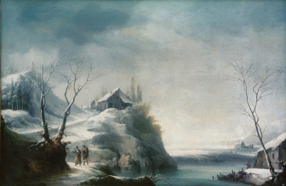 Francesco Foschi, Winterlandschaft mit Reisenden (Eis (Kälte),Himmel (Natur),Jahreszeiten,Kunst,Landschaft,Winter,Barock,Reise,Italienische Kunst,Fussreise,Fussgänger,Hügel,Wanderer,Kälte)