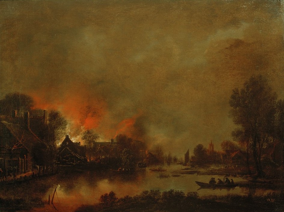 Aert van der Neer (der Ältere), Nächtliche Kanallandschaft mit Feuer in einem Dorf (Dorf,Feuer,Kahn,Kanal,Kunst,Unfall Und Unglück,Nacht,Barock,Katastrophe,Niederländische Kunst,Holländische Kunst,Feuerschein,Brand)